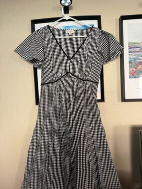 LOFT Black and White Gingham V-Neck Midi Dress